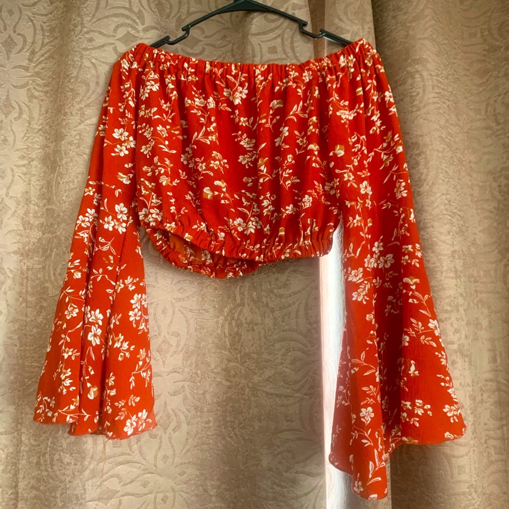 Red off the shoulder crop top with bell sleeves